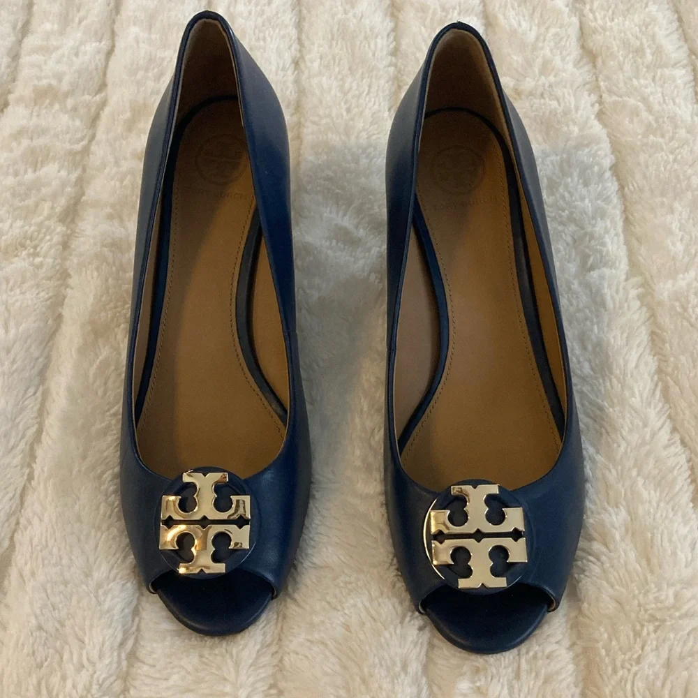 Tory Burch Navy Blue Peep-Toe Heels - Picture 1 of 7
